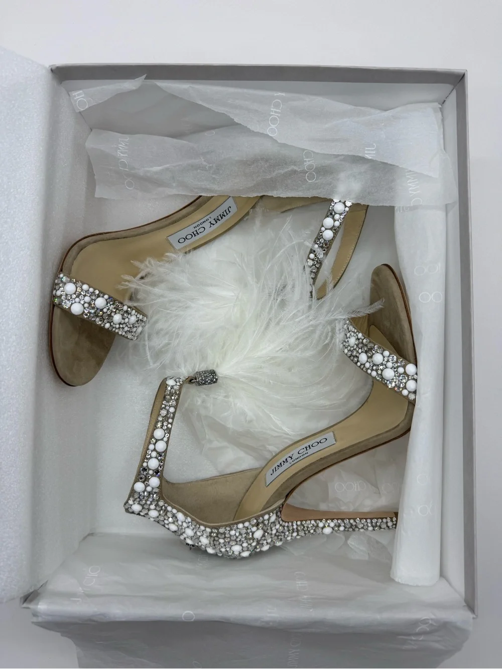 NWT Jimmy Choo Viola 110 Crystal & Ostrich Feather Heels  Size 37.5 - Picture 5 of 9